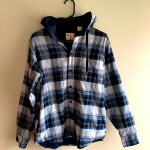 Men’s hooded flannel. Grey/navy. Red Head Brand Co.